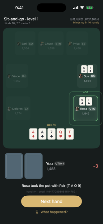 An eight-handed sit-and-go at showdown, with the blind-level clock