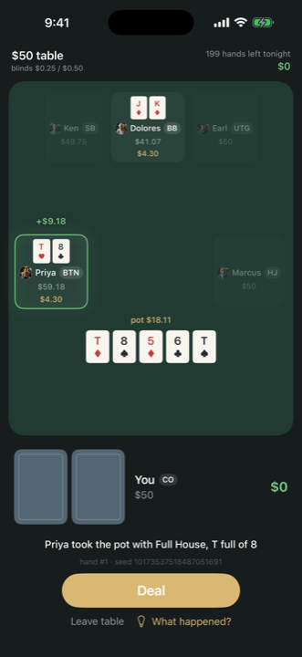 Between hands: the result, and the 'What happened?' explain-replay