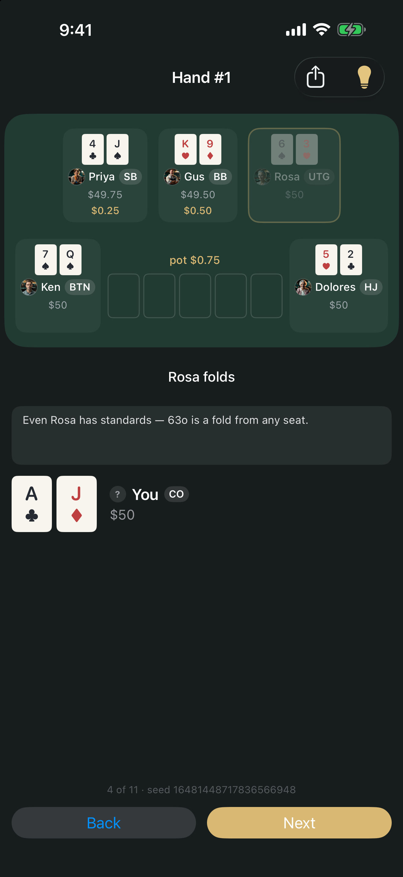 Explain mode on a finished hand: every hole card face-up, with the real reason behind an opponent's fold